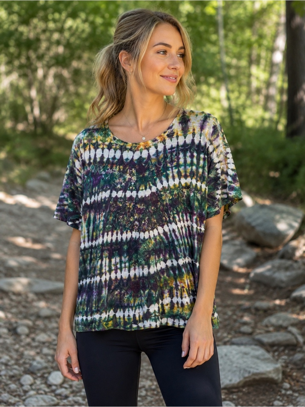 Women's Short Sleeve Tie-Dye Tee in Green and Purple Size S Boho Festival